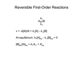 Reversible First-Order Reactions
A B
v = -d[A]/dt = k1[A] - k-1[B]
At equilibrium: k1[A]eq - k-1[B]eq = 0
[B]eq/[A]eq = k1/k-1 = Keq
k1
k-1


 