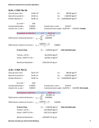 Diseño de estructuras de concreto reforzado 1.
Ejercicios resueltos por Vicente Díaz Mendoza. 4
b) As = 2 Ref. No 10.
Area de acero real = 15.84 cm
2
f'c = 280.00 kg/cm
2
Base de la sección b = 25.00 cm fy = 4,200.00 kg/cm2
Peralte efectivo d = 50.00 cm Es = 2,030,000.00 kg/cm2
β1 a usar = 0.85
Cuantía balanceada = 0.02833 Cuantía max, a usar = 0.01417
Cuantía min, a usar = 0.00333 Cuantía de acero usada = As/(b*d) = 0.012672 Cumple
Se propone un valor de c: c = 13.15 cm
a = 11.1775 cm
Deformacion unitaria de fluencia = 0.002069
Deformacion unitaria en el acero = 0.00841
El Acero Fluye Fs = 4,200.00 kg/cm2
Falla Sub-Reforzada
Tension = As*fs = kg/cm
2
Comp = 0.85*f'c*a*b = kg/cm
2
Momento Resistente = kg.cm
c) As = 3 Ref. No 11.
Area de acero real = 28.74 cm
2
f'c = 280.00 kg/cm
2
Base de la sección b = 25.00 cm fy = 4,200.00 kg/cm
2
Peralte efectivo d = 50.00 cm Es = 2,030,000.00 kg/cm
2
β1 a usar = 0.85
Cuantía balanceada = 0.02833 Cuantía max, a usar = 0.01417
Cuantía min, a usar = 0.00333 Cuantía de acero usada = As/(b*d) = 0.022992 No Cumple
Se propone un valor de c: c = 23.87 cm
a = 20.2895 cm
Deformacion unitaria de fluencia = 0.002069
Deformacion unitaria en el acero = 0.00328
El Acero Fluye Fs = 4,200.00 kg/cm2
Falla Sub-Reforzada
Tension = As*fs = kg/cm2
Comp = 0.85*f'c*a*b = kg/cm2
Momento Resistente = kg.cm4,810,847.52
66,528.00
66,506.13
2,954,591.64
120,708.00
120,722.53
 
