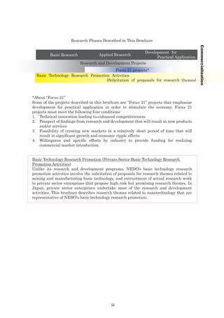 Research Phases Described in This Brochure
*About “Focus 21”
Some of the projects described in this brochure are “Focus 21” projects that emphasize
development for practical application in order to stimulate the economy. Focus 21
projects must meet the following four conditions:
1. Technical innovation leading to enhanced competitiveness
2. Prospect of findings from research and development that will result in new products
and/or services
3. Possibility of creating new markets in a relatively short period of time that will
result in significant growth and economic ripple effects
4. Willingness and specific efforts by industry to provide funding for realizing
commercial market introduction.
Basic Technology Research Promotion (Private Sector Basic Technology Research
Promotion Activities)
Unlike its research and development programs, NEDO’s basic technology research
promotion activities involve the solicitation of proposals for research themes related to
mining and manufacturing basic technology, and entrustment of actual research work
to private sector enterprises that propose high risk but promising research themes. In
Japan, private sector enterprises undertake most of the research and development
activities. This brochure describes research themes related to nanotechnology that are
representative of NEDO's basic technology research promotion.
Research and Development Projects
Focus 21 projects*
Development for
Practical Application
Applied Research
Basic Research
Basic Technology Research Promotion Activities
(Solicitation of proposals for research themes)
Commercialization
iii
 
