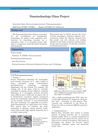 Nanotechnology Glass Project
Background
Keywords: Glass, Sub-wavelength structure, Telecommunications
R&D Term: FY2001᳸FY2005ų Budget of FY2005:
ųThe Nanotechnology Glass Project is intended
for the development of fundamental
technologies for glasses with completely new
functions by controlling structure on a
nanometer scale. It is primarily known that
glass is transparent, hard and stable thermally
and chemically.
This project aims to further increase the levels
of these advantages. Japanese industry will䇭
extensively utilize the outcome obtained from
this project and will cultivate new leading
markets in the fields of optical communication,
energy and environment. It will also contribute
to international society.
Organization
Contents
[Ძ] Telecommunications
Ყ Storage Ყųųųųųųųųųųųų
Precise fabrication technology for wavelength-
level periodic structures on a glass surface is
being developed using semiconductor
microfabrication technology, including
lithography and dry etching. For example, the
etching rate of the glass could be vertically
controlled by doping several additives, realizing
fabrication of a rectangular periodic structure
with a 200-nm grove width and an aspect ratio of
6. Furthermore, resistance against mechanical
shock was remarkably improved by overcladding
on the periodic structure. It was demonstrated
small demultiplexer on a glass plate of 6 x 9 mm.
This project aims
technology to fabricate optical memory heads,
which will provide high angular dispersion for a
so-called “super prism”.
Ყ CommunicationsᲧų ųųųųųųų
Optical fiber networks have begun to spread
instead of metal networks due to increased
Internet traffic. There is a strong requirement of
small and low-cost optical devices, which can be
used even in a harsh environment. This project is
developing new glasses for low-loss optical
waveguides, athermal optics and micro-lens
arrays. Also,
Diffraction efficiencies and cross sectional SEM
views of diffraction gratings before (left) and
after (right) overcladding
Ultra-small 4-channel
demultiplexer
designed to operate at
around 1550-nm
wavelength
Project Leader䇭
Participating Organizations
New Glass Forum
Also, a high recording density DVD that can
record high definition TV images for 24 hours
has been developed in this project. This
research was transferred to the Focus 21
Project in order to accelerate R&D for practical
application.
2mm
Concave
mirror
Arrayed
waveguide
output
Arrayed waveguide
input
Buried
grating
Wavelength (μm) Wavelength (μm)
0.5
0.6
0.7
0.8
0.9
1.0
Diffraction
efficiency
(-)
TM
TE TM
TE
1.48 1.52 1.56 1.60
1.48 1.52 1.56 1.60
5μm
30o
calculated
by RCWA
Nanotechnology Program
410 million yen
to construct the basic
that this technology was applicable to an ultra-
.K. HIRAO
䇭Professor䇭K䋮HIRAO䇭Kyoto university
Prof
National Institute of Advanced Industrial Science and Technology
1
 