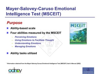 Mayer-Salovey-Caruso Emotional
Intelligence Test (MSCEIT)
Purpose
Ability-based scale
Four abilities measured by the MSCEIT
– Perceiving Emotions
– Using Emotions to Facilitate Thought
– Understanding Emotions
– Managing Emotions
Ability tasks utilized
*Information obtained from the Mayer-Salovey-Caruso Emotional Intelligence Test (MSCEIT) User’s Manual (2002)
 
