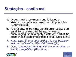 Strategies - continued
5. Groups met every month and followed a
standardized process based on ISO principles
(Cherniss et al.)
6. After 2 days of training, participants received an
email twice a week for the next 4 weeks,
encouraging them to apply a different part of the
intervention each time (Kotsou et al.; Nelis et al.)
7. A personal EI or emotions diary to use between
sessions (Crombie; Slaski & Cartwright)
8. Used “expressive writing” with a cue to reflect on
emotion regulation (Kirk et al.).
 