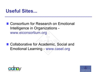 Useful Sites...
Consortium for Research on Emotional
Intelligence in Organizations -
www.eiconsortium.org
Collaborative for Academic, Social and
Emotional Learning - www.casel.org
 