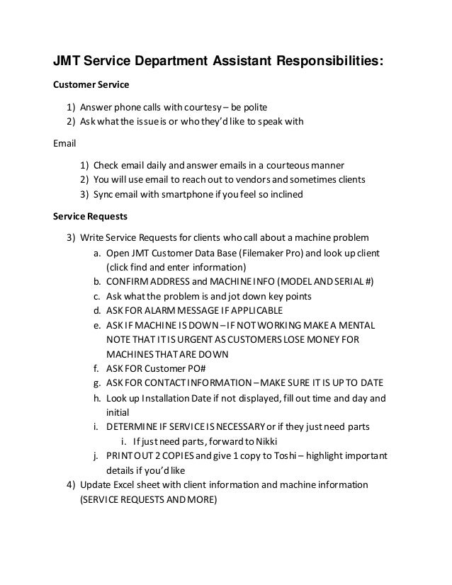 service department assistant role and responsibilities customer service responsibilities