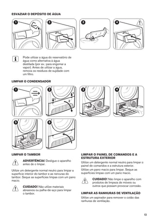 ESVAZIAR O DEPÓSITO DE ÁGUA
1 2 3 4
Pode utilizar a água do reservatório de
água como alternativa à água
destilada (por ex.: para engomar a
vapor). Antes de utilizar a água,
remova os resíduos de sujidade com
um filtro.
LIMPAR O CONDENSADOR
1
1
1
2
2
2
1
3 4
1
2
5 6
LIMPAR O TAMBOR
ADVERTÊNCIA! Desligue o aparelho
antes de o limpar.
Utilize um detergente normal neutro para limpar a
superfície interior do tambor e as nervuras do
tambor. Seque as superfícies limpas com um pano
macio.
CUIDADO! Não utilize materiais
abrasivos ou palha-de-aço para limpar
o tambor.
LIMPAR O PAINEL DE COMANDOS E A
ESTRUTURA EXTERIOR
Utilize um detergente normal neutro para limpar o
painel de comandos e a estrutura exterior.
Utilize um pano macio para limpar. Seque as
superfícies limpas com um pano macio.
CUIDADO! Não limpe o aparelho com
produtos de limpeza de móveis ou
outros que possam provocar corrosão.
LIMPAR AS RANHURAS DE VENTILAÇÃO
Utilize um aspirador para remover o cotão das
ranhuras de ventilação.
13
 