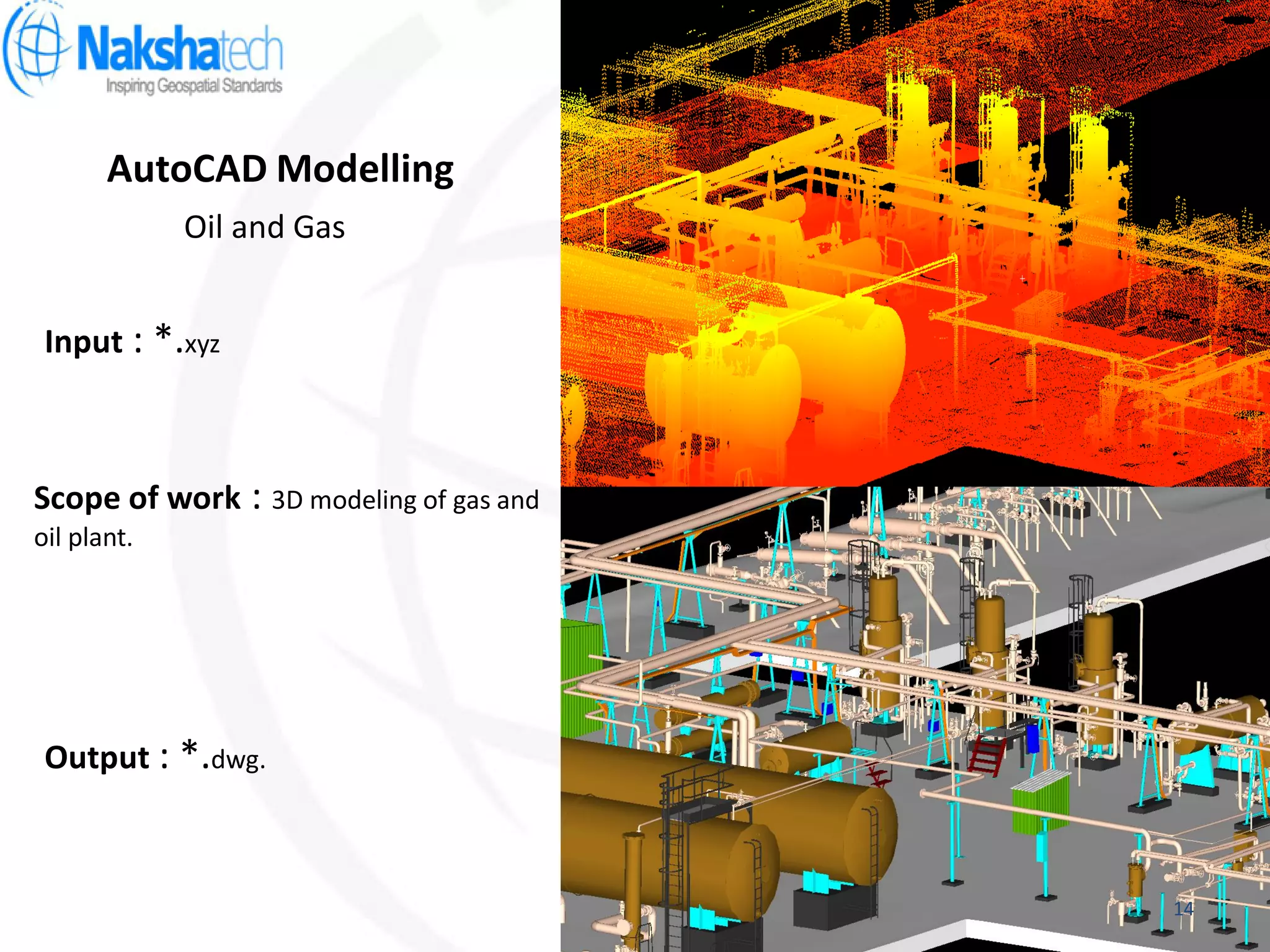 AutoCAD Modelling
Output : *.dwg.
Input : *.xyz
Scope of work : 3D modeling of gas and
oil plant.
Oil and Gas
14
 