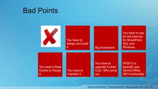 Bad Points
You have to
upgrade it when
CUs / SPs come
out
You have to
maintain it
You have to
design and build
it
You have to pay
for the licences
for SharePoint,
SQL and
Windows.
SP2013 is
typically way
behind Office
365 functionality
Big Investment
You need a Data
Centre to House
it
 