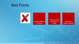 Bad Points
Its More Difficult
to Setup
There are more
decisions to
make
Search and
Search Results
 
