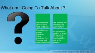 What am I Going To Talk About ?
So you are in a
position to make
an informed
decision at the
end of the
session
The differences
between
SharePoint
Online,
SharePoint On-
Premises, and
hosted SharePoint
The benefits and
drawbacks of
each platform
The differences
between IaaS,
PaaS and SaaS
 