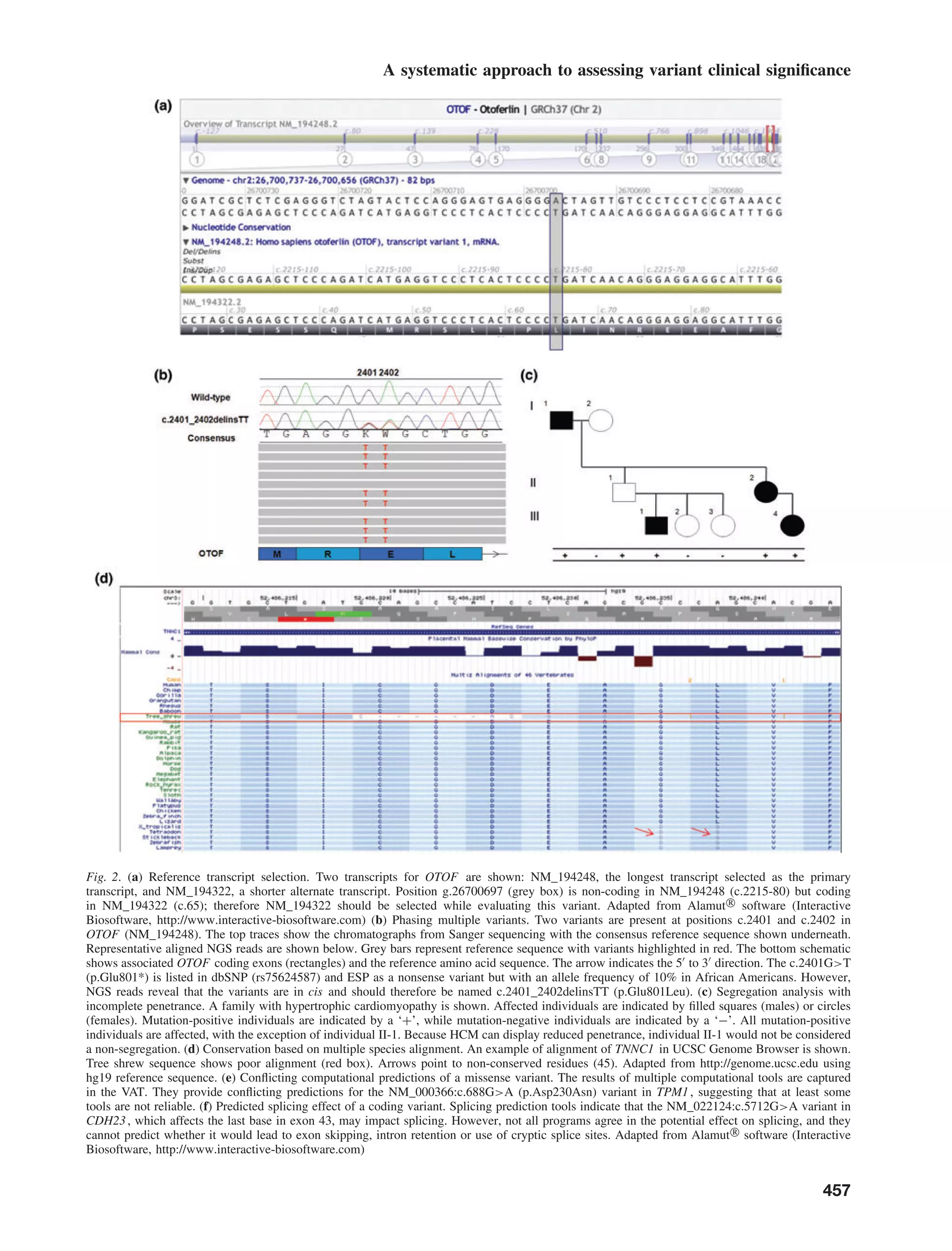 A systematic approach to assessing variant clinical signiﬁcance
Fig. 2. (a) Reference transcript selection. Two transcripts for OTOF are shown: NM_194248, the longest transcript selected as the primary
transcript, and NM_194322, a shorter alternate transcript. Position g.26700697 (grey box) is non-coding in NM_194248 (c.2215-80) but coding
in NM_194322 (c.65); therefore NM_194322 should be selected while evaluating this variant. Adapted from Alamut® software (Interactive
Biosoftware, http://www.interactive-biosoftware.com) (b) Phasing multiple variants. Two variants are present at positions c.2401 and c.2402 in
OTOF (NM_194248). The top traces show the chromatographs from Sanger sequencing with the consensus reference sequence shown underneath.
Representative aligned NGS reads are shown below. Grey bars represent reference sequence with variants highlighted in red. The bottom schematic
shows associated OTOF coding exons (rectangles) and the reference amino acid sequence. The arrow indicates the 5 to 3 direction. The c.2401G>T
(p.Glu801*) is listed in dbSNP (rs75624587) and ESP as a nonsense variant but with an allele frequency of 10% in African Americans. However,
NGS reads reveal that the variants are in cis and should therefore be named c.2401_2402delinsTT (p.Glu801Leu). (c) Segregation analysis with
incomplete penetrance. A family with hypertrophic cardiomyopathy is shown. Affected individuals are indicated by ﬁlled squares (males) or circles
(females). Mutation-positive individuals are indicated by a ‘+’, while mutation-negative individuals are indicated by a ‘−’. All mutation-positive
individuals are affected, with the exception of individual II-1. Because HCM can display reduced penetrance, individual II-1 would not be considered
a non-segregation. (d) Conservation based on multiple species alignment. An example of alignment of TNNC1 in UCSC Genome Browser is shown.
Tree shrew sequence shows poor alignment (red box). Arrows point to non-conserved residues (45). Adapted from http://genome.ucsc.edu using
hg19 reference sequence. (e) Conﬂicting computational predictions of a missense variant. The results of multiple computational tools are captured
in the VAT. They provide conﬂicting predictions for the NM_000366:c.688G>A (p.Asp230Asn) variant in TPM1, suggesting that at least some
tools are not reliable. (f) Predicted splicing effect of a coding variant. Splicing prediction tools indicate that the NM_022124:c.5712G>A variant in
CDH23, which affects the last base in exon 43, may impact splicing. However, not all programs agree in the potential effect on splicing, and they
cannot predict whether it would lead to exon skipping, intron retention or use of cryptic splice sites. Adapted from Alamut® software (Interactive
Biosoftware, http://www.interactive-biosoftware.com)
457
 