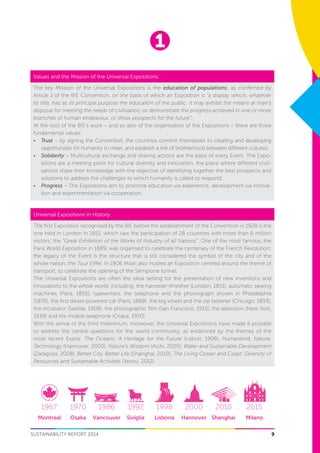 1
9SUSTAINABILITY REPORT 2014 9
Values and the Mission of the Universal Expositions
The key Mission of the Universal Expositions is the education of populations, as confirmed by
Article 1 of the BIE Convention, on the basis of which an Exposition is “a display which, whatever
its title, has as its principal purpose the education of the public: it may exhibit the means at man’s
disposal for meeting the needs of civilisation, or demonstrate the progress achieved in one or more
branches of human endeavour, or show prospects for the future”.
At the root of the BIE’s work – and so also of the organisation of the Expositions – there are three
fundamental values:
•	 Trust – by signing the Convention, the countries commit themselves to creating and developing
opportunities for humanity to meet, and establish a link of brotherhood between different cultures;
•	 Solidarity – Multicultural exchange and sharing actions are the basis of every Event. The Expo-
sitions are a meeting point for cultural diversity and innovation, the place where different civili-
sations share their knowledge with the objective of identifying together the best prospects and
solutions to address the challenges to which humanity is called to respond;
•	 Progress – The Expositions aim to promote education via experience, development via innova-
tion and experimentation via cooperation.
1962 1967 1970 1986 1992 1998 2000 2010
es Seattle Montreal Osaka Vancouver Siviglia Lisbona Hannover Shanghai
2015
Milano
Universal Expositions in History
The first Exposition recognised by the BIE before the establishment of the Convention in 1928 is the
one held in London in 1851, which saw the participation of 28 countries with more than 6 million
visitors: the “Great Exhibition of the Works of Industry of all Nations”. One of the most famous, the
Paris World Exposition in 1889, was organised to celebrate the centenary of the French Revolution;
the legacy of the Event is the structure that is still considered the symbol of the city and of the
whole nation, the Tour Eiffel. In 1906 Milan also hosted an Exposition centred around the theme of
transport, to celebrate the opening of the Sempione tunnel.
The Universal Expositions are often the ideal setting for the presentation of new inventions and
innovations to the whole world, including: the harvester-thresher (London, 1851), automatic sewing
machines (Paris, 1855), typewriters, the telephone and the phonograph shown in Philadelphia
(1876), the first diesel-powered car (Paris, 1889), the big wheel and the zip fastener (Chicago, 1893),
the incubator (Seattle, 1909), the photographic film (San Francisco, 1915), the television (New York,
1939) and the mobile telephone (Osaka, 1970).
With the arrival of the third millennium, moreover, the Universal Expositions have made it possible
to address the central questions for the world community, as evidenced by the themes of the
most recent Expos: The Oceans: A Heritage for the Future (Lisbon, 1998), Humankind, Nature,
Technology (Hannover, 2000), Nature’s Wisdom (Aichi, 2005), Water and Sustainable Development
(Zaragoza, 2008), Better City, Better Life (Shanghai, 2010), The Living Ocean and Coast: Diversity of
Resources and Sustainable Activities (Yeosu, 2012).
 