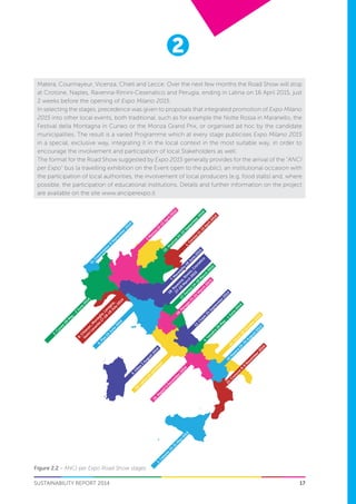 17
2
SUSTAINABILITY REPORT 2014
2
M
onza
12-13
April2014
16.N
apoli5
D
ecem
ber2014
15.C
rotone
8-9
N
ovem
ber2014
1.G
orizia
11-13
April2014
5.C
uneo
29
M
ay
-2
June
2014
12.Vicenza
21-22
Septem
ber2014
17.Ferm
o
14-16
M
arch
2015
7.M
aranello
28
June
2015
18.Ravenna,Rim
ini,C
esnatico
27-28
M
arch
201513.C
hieti25
Septem
ber2014
9.O
lbia
3
August2014
4.Venafro
26
M
ay
-1
June
2014
11.C
ourm
ayeur6
Septem
ber2014
10
M
atera
29-30
August2014
14.Lecce
18
O
ctober2014
3.C
atania
24-31
M
ay
2014
6.Pisa
14
June
2014
20.Latina
16
April2015
8.C
hiavari,M
oneglia,Lavagna,
SestriLevante
17-18-19
July
2014
19.Perugia
21-22
M
arch
2015
Matera, Courmayeur, Vicenza, Chieti and Lecce. Over the next few months the Road Show will stop
at Crotone, Naples, Ravenna-Rimini-Cesenatico and Perugia, ending in Latina on 16 April 2015, just
2 weeks before the opening of Expo Milano 2015.
In selecting the stages, precedence was given to proposals that integrated promotion of Expo Milano
2015 into other local events, both traditional, such as for example the Notte Rossa in Maranello, the
Festival della Montagna in Cuneo or the Monza Grand Prix, or organised ad hoc by the candidate
municipalities. The result is a varied Programme which at every stage publicises Expo Milano 2015
in a special, exclusive way, integrating it in the local context in the most suitable way, in order to
encourage the involvement and participation of local Stakeholders as well.
The format for the Road Show suggested by Expo 2015 generally provides for the arrival of the “ANCI
per Expo” bus (a travelling exhibition on the Event open to the public), an institutional occasion with
the participation of local authorities, the involvement of local producers (e.g. food stalls) and, where
possible, the participation of educational institutions. Details and further information on the project
are available on the site www.anciperexpo.it
Figure 2.2 – ANCI per Expo Road Show stages
 