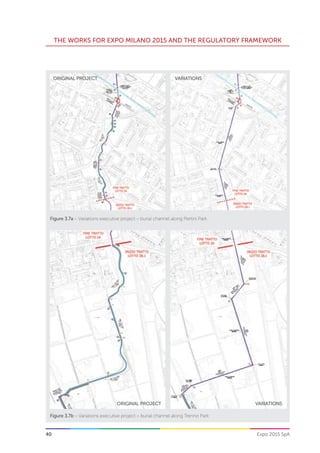 THE WORKS FOR EXPO MILANO 2015 AND THE REGULATORY FRAMEWORK
Expo 2015 SpA40
Figure 3.7b – Variations executive project – burial channel along Trenno Park
Figure 3.7a – Variations executive project – burial channel along Pertini Park
ORIGINAL PROJECT VARIATIONS
ORIGINAL PROJECT VARIATIONS
 