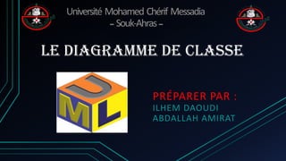Le diagramme de classe
Université Mohamed Chérif Messadia
‫ــ‬ Souk-Ahras ‫ــ‬
PRÉPARER PAR :
ILHEM DAOUDI
ABDALLAH AMIRAT
 