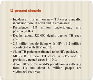  present cinnerio
 Incidence : 1.9 million new TB cases annually,
incidence more in north and in urban areas.
 Prevalence: 3.8 million bacteriologic ally
positive(2002).
 Deaths: about 325,000 deaths due to TB each
year.
 2.6 million people living with HIV ; 1.2 million
co-infected with HIV and TB.
 5% of TB patients estimated to be HIV positive.
 MDR-TB in new TB cases is ~3% and in
previously treated cases is~12%.
 About 20% of the world’s population is suffering
from TB and about 8 million people are
victimized each year.
 