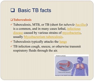 Basic TB facts
Tuberculosis
 Tuberculosis, MTB, or TB (short for tubercle bacillus)
is a common, and in many cases lethal, infectious
disease caused by various strains of mycobacteria,
usually Mycobacterium tuberculosis.
 Tuberculosis typically attacks the lungs
 TB infection cough, sneeze, or otherwise transmit
respiratory fluids through the air.
 