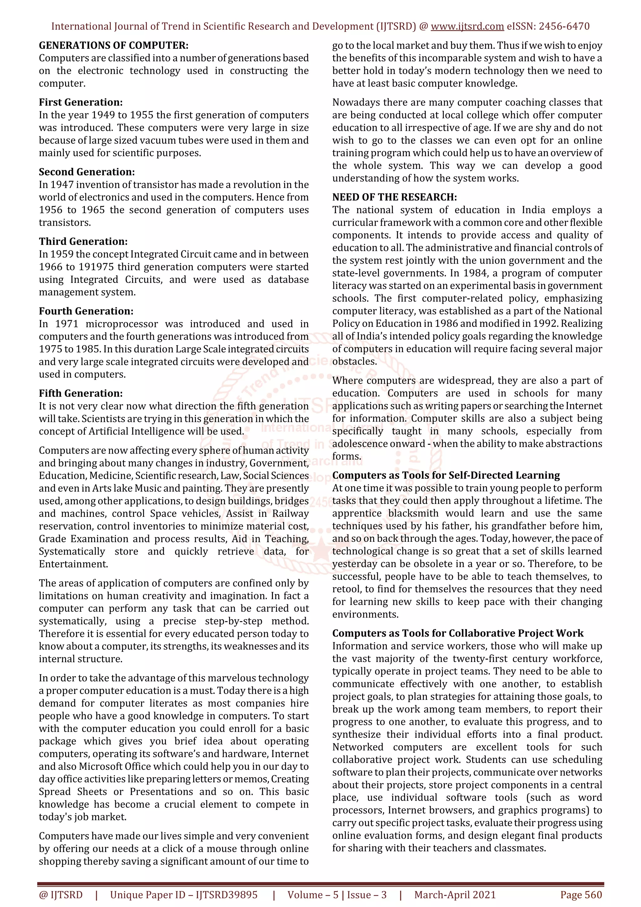A Study of Computer Knowledge among the Pupil Teachers of B.Ed. Course ...