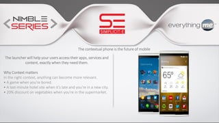 The contextual phone is the future of mobile
The launcher will help your users access their apps, services and
content, exactly when they need them.
Why Context matters
In the right context, anything can become more relevant.
• A game when you’re bored.
• A last-minute hotel site when it’s late and you’re in a new city.
• 20% discount on vegetables when you’re in the supermarket.
 