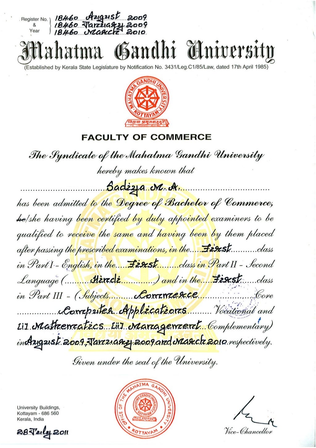 BCOM DEGREE CERTIFICATE BCOM DEGREE CERTIFICATE