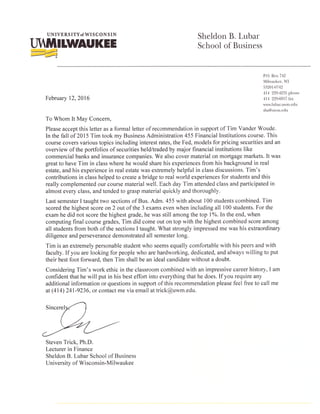 UWM Financial Institutions Professor Trick letter of recommendation for Tim Vander Woude