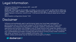 Legal Information
Testing by Chelsea Mafrica, January 2017 – June 2017
System Configuration:
BASELINE: Intel® Xeon® CPU E3-1585L v5, 3.5GHz, 4 cores, turbo and HT on, BIOS AMI 1.0, 32GB total
memory, 2 slots / 16GB / 2133MHz / DDR4 DIMM, 480GB total storage / 2 240GB SSDs (2.5”), Intel® I350
Gigabit Network Connection, CentOS Linux* 7.2.1511 kernel 3.10.0-327.13.1.x86_64, Media Server Studio
2017 R1
NEW: Baseline configuration, Docker* 1.12.3
Disclaimer
Software and workloads used in performance tests may have been optimized for
performance only on Intel microprocessors. Performance tests, such as SYSmark and
MobileMark, are measured using specific computer systems, components, software,
operations and functions. Any change to any of those factors may cause the results to vary.
You should consult other information and performance tests to assist you in fully evaluating
your contemplated purchases, including the performance of that product when combined
with other products. For more complete information visit http://www.intel.com/performance.
*Other names and brands may be claimed as the property of others
 