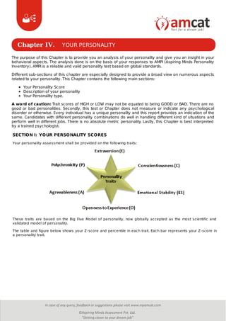 Chapter IV. YOUR PERSONALITY
The purpose of this Chapter is to provide you an analysis of your personality and give you an insight in your
behavioral aspects. The analysis done is on the basis of your responses to AMPI (Aspiring Minds Personality
Inventory). AMPI is a reliable and valid personality test based on global standards.
Different sub-sections of this chapter are especially designed to provide a broad view on numerous aspects
related to your personality. This Chapter contains the following main sections:
Your Personality Score
Description of your personality
Your Personality type.
A word of caution: Trait scores of HIGH or LOW may not be equated to being GOOD or BAD. There are no
good or bad personalities. Secondly, this test or Chapter does not measure or indicate any psychological
disorder or otherwise. Every individual has a unique personality and this report provides an indication of the
same. Candidates with different personality combinations do well in handling different kind of situations and
perform well in different jobs. There is no absolute metric personality. Lastly, this Chapter is best interpreted
by a trained psychologist.
SECTION I: YOUR PERSONALITY SCORES
Your personality assessment shall be provided on the following traits:
These traits are based on the Big Five Model of personality, now globally accepted as the most scientific and
validated model of personality.
The table and figure below shows your Z-score and percentile in each trait. Each bar represents your Z-score in
a personality trait.
 