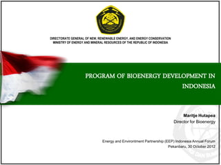 Ministry of Energy and Mineral Resources of the Republic of Indonesia
E n e r g y a n d M i n e r a l R e s o u r c e s f o r t h e P e o p l e ’ s W e l f a r e
© DJEBTKE KESDM - 2012
1
PROGRAM OF BIOENERGY DEVELOPMENT IN
INDONESIA
Maritje Hutapea
Director for Bioenergy
DIRECTORATE GENERAL OF NEW, RENEWABLE ENERGY, AND ENERGY CONSERVATION
MINISTRY OF ENERGY AND MINERAL RESOURCES OF THE REPUBLIC OF INDONESIA
Energy and Environtment Partnership (EEP) Indonesia Annual Forum
Pekanbaru, 30 October 2012
 