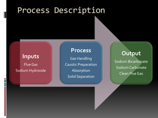 Process Description
Inputs
Flue Gas
Sodium Hydroxide
Process
Gas Handling
Caustic Preparation
Absorption
Solid Separation
Output
Sodium Bicarbonate
Sodium Carbonate
Clean Flue Gas
 