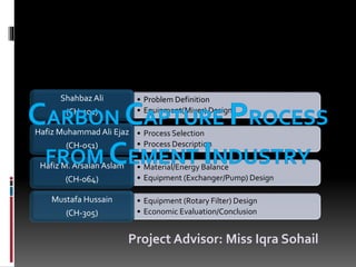 Project Advisor: Miss Iqra Sohail
• Problem Definition
• Equipment(Mixer) Design
Shahbaz Ali
(CH-301)
• Process Selection
• Process Description
Hafiz Muhammad Ali Ejaz
(CH-051)
• Material/Energy Balance
• Equipment (Exchanger/Pump) Design
Hafiz M. Arsalan Aslam
(CH-064)
• Equipment (Rotary Filter) Design
• Economic Evaluation/Conclusion
Mustafa Hussain
(CH-305)
 