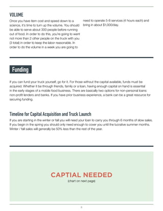 8
VOLUME
Once you have item cost and speed down to a
science, it’s time to turn up the volume. You should
be able to serve about 300 people before running
out of food. In order to do this, you’re going to want
not more than 2 other people on the truck with you
(3 total) in order to keep the labor reasonable. In
order to do the volume in a week you are going to
Funding
need to operate 5-8 services (4 hours each) and
bring in about $1,000/day.
If you can fund your truck yourself, go for it. For those without the capital available, funds must be
acquired. Whether it be through friends, family or a loan, having enough capital on hand is essential
in the early stages of a mobile food business. There are basically two options for non-personal loans:
non-profit lenders and banks. If you have prior business experience, a bank can be a great resource for
securing funding.
Timeline for Capital Acquisition and Truck Launch
If you are starting in the winter or fall you will need your loan to carry you through 6 months of slow sales.
If you begin in the spring you should only need enough to cover you until the lucrative summer months.
Winter / fall sales will generally be 50% less than the rest of the year.
CAPTIAL NEEDED
(chart on next page)
 