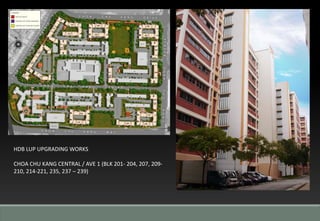 HDB LUP UPGRADING WORKS
CHOA CHU KANG CENTRAL / AVE 1 (BLK 201- 204, 207, 209-
210, 214-221, 235, 237 – 239)
 