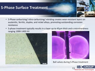 Materials and Technologies
Ball valves during S-Phase treatment
S-Phase Surface Treatment
• S-Phase carburizing/ nitro-carburizing/ nitriding creates wear-resistant layers on
austenitic, ferritic, duplex, and nickel alloys, promoting outstanding corrosion
resistance
• S-phase treatment typically results in a layer up to 45µm thick and a microhardness
ranging 1000-1400 HV
13
 
