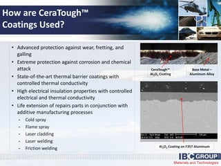 Materials and Technologies
How are CeraTough™
Coatings Used?
• Advanced protection against wear, fretting, and
galling
• Extreme protection against corrosion and chemical
attack
• State-of-the-art thermal barrier coatings with
controlled thermal conductivity
• High electrical insulation properties with controlled
electrical and thermal conductivity
• Life extension of repairs parts in conjunction with
additive manufacturing processes
- Cold spray
- Flame spray
- Laser cladding
- Laser welding
- Friction welding Al2O3 Coating on F357 Aluminum
Base Metal –
Aluminum Alloy
CeraTough™
Al2O3 Coating
 