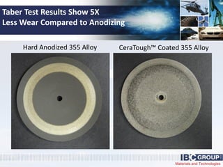 Materials and Technologies
Taber Test Results Show 5X
Less Wear Compared to Anodizing
Hard Anodized 355 Alloy CeraTough™ Coated 355 Alloy
 