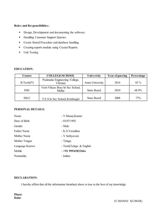 Roles and Responsibilities:
 Design, Development and documenting the software.
 Handling Customer Support Queries.
 Create Stored Procedure and database handling.
 Creating reports module using Crystal Reports.
 Unit Testing
Education
EDUCATION:
Course COLLEGE/SCHOOL University Year of passing Percentage
B.Tech(IT)
Panimalar Engineering College,
Chennai Anna University 2014 65 %
HSC
Vetri Vikaas Boys hr Sec School,
Mallur State Board 2010 68.9%
SSLC T.E.S hr Sec School, Krishnagiri State Board 2008 77%
s
PERSONAL DETAILS:
Name - V.Manoj Kumar
Date of Birth - 03/07/1992
Gender - Male
Father Name - K.S.Varadhan
Mother Name - V.Sathyavani
Mother Tongue - Telugu
Language Known - Tamil,Telugu & English
Mobile - +91 9994282366s
Nationality - Indian
DECLARATION:
I hereby affirm that all the information furnished above is true to the best of my knowledge.
Place:
Date:
(V.MANOJ KUMAR)
 