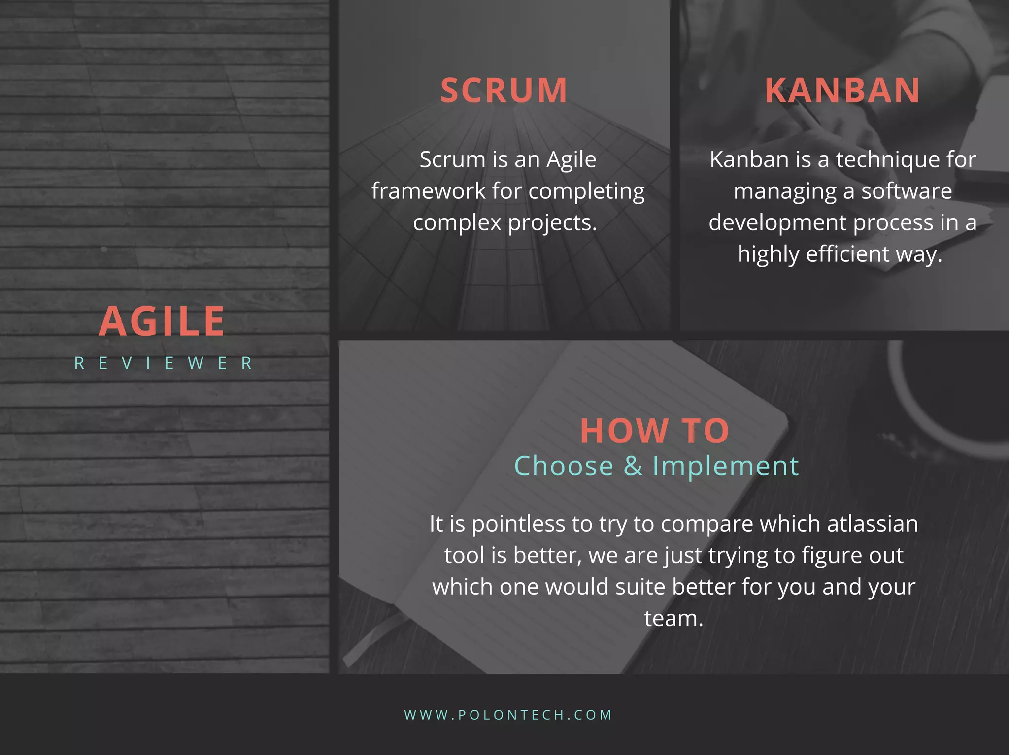 Scrum is an Agile
framework for completing
complex projects.
W W W . P O L O N T E C H . C O M
SCRUM
Kanban is a technique for
managing a software
development process in a
highly efficient way.
KANBAN
It is pointless to try to compare which atlassian
tool is better, we are just trying to figure out
which one would suite better for you and your
team.
Choose & Implement
HOW TO
AGILE
R E V I E W E R
 