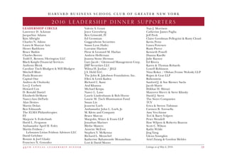 H A R V A R D B U S I N E S S S C H O O L C L U B O F G R E A T E R N E W Y O R K
4 9 t h a n n u a l l e a d e r s h i p d i n n e r 19
2016 DINNER CHAIR
H A R V A R D B U S I N E S S S C H O O L C L U B O F G R E A T E R N E W Y O R K
2016 LEADERSHIP DINNER SUPPORTERS
LEADERSHIP CIRCLE
Lawrence D. Ackman
Jacqueline Adams
Kim Albright
Charles N. Atkins
Laura  Sharyar Aziz
Henry Barkhorn
Bruce Batkin
Charles Beever
Todd E. Benson/Herington LLC
Black Knight Financial Services
Anthony Blenk
Caroline Tisch Blodgett  Will Blodgett
Mitchell Blutt
Paula Brancato
Capital One
Andrea de Cholnoky
Leo J. Corbett
Howard Cox
D. Ronald Daniel
Elizabeth DeMarse
Nancy-Ann DeParle
Alan Desino
Martin Dolan
Ben Edmands
The ELMA Philanthropies
EY
Marjorie S. Federbush
David L. Ferguson
Ambassador April H. Foley
Martin Fridson /
	 Lehmann Livian Fridson Advisors LLC
David Gelobter
Bonnie  Joel Glasky
Francisco X. Gonzalez
Valerie S. Grant
Joyce Greenberg
Ben Griswold, IV
Ed Grossman
Guggenheim Securities
Susan Lyon Hailey
Lorraine Hariton
Fleur  Leonard M. Harlan
Andrew Heffernan
Joanna Stone Herman
Gary Jacob / Glenwood Management Corp.
JMP Securities LLC
Wilma H. Jordan / JEGI
J.S. Held LLC
The John R. Jakobson Foundation, Inc.
Ellen  Lewis Kaden
Richard C. Kane
Atul Khanna
Michael Krupa
Nancy L. Lane
Laurie Lindenbaum  Bob Horne
Laurie M. Tisch Illumination Fund
Susan Liu
Jeanette Loeb
Ambassador John L. Loeb, Jr.
M. Klein and Company
Bruce Marcus
Margolin, Winer  Evans LLP
Jonathan Mariner
Blythe Masters
Annette McEvoy
Stephen V. McKenna
Richard L. Menschel
Katherine Bahamonde Monasebian
Lori  David Moore
Nan J. Morrison
Catherine James Paglia
Jeff Peek
Claire Goodman Pellegrini  Rusty Cloud
Kevin Penn
Laura Petersen
Rusty Pierce
Kenneth Powell
Dianna Raedle
Julie Raynor
Ed Rivera
Karen  Thomas Robards
Lowell Robinson
Nina Roket / Olshan Frome Wolosky LLP
Ropes  Gray LLP
Rubenstein
Sanford J.  Sue Riemer Sacks
Jacob Shavit
Iftikhar H. Shirazi
Maureen Sherry  Steve Klinsky
David J. Stern
The Swyer Companies
TCV
Erica  Steven Tishman
Carmen B. Torruella
Amy Vecchione
Teri  Barry Volpert
Peter Wendell
Ilyse Wilpon  Roberto Buaron
Scott C. Wilson
Kathy Wylde
Jing Yang
Glenn Youngkin
Ariel Zwang  Gordon Mehler
Listings as of May 6, 2016
 