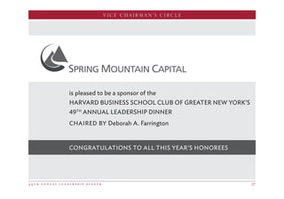 4 9 t h a n n u a l l e a d e r s h i p d i n n e r 27
VICE CHAIRMAN’S CIRCLE
is pleased to be a sponsor of the
HARVARD BUSINESS SCHOOL CLUB OF GREATER NEW YORK’S  
49TH
ANNUAL LEADERSHIP DINNER
CHAIRED BY Deborah A. Farrington
CONGRATULATIONS TO ALL THIS YEAR’S HONOREES
 