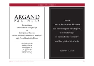 4 9 t h a n n u a l l e a d e r s h i p d i n n e r 45
CRIMSON CIRCLE
I salute
Leslie Wohlman Himmel
for her entrepreneurial spirit,
her leadership
in the real estate industry
and her gift for friendship
Barbara Marcin
Congratulates
Chair Deborah Farrington ’76

Distinguished Honorees
Harvard Business School Club of New York’s
49th Annual Leadership Dinner
Howard Morgan ’88
Heather Faust ’08
Hemali Dassani ’99
Joe Del Toro ’99
Joyce Schnoedl ’10
Charlie Burns ’15
 