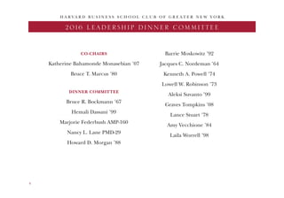 4
2016 LEADERSHIP DINNER COMMITTEE
CO-CHAIRS
Katherine Bahamonde Monasebian ’07
Bruce T. Marcus ’80
DINNER COMMITTEE
Bruce R. Bockmann ’67
Hemali Dassani ’99
Marjorie Federbush AMP-160
Nancy L. Lane PMD-29
Howard D. Morgan ’88
Barrie Moskowitz ’92
Jacques C. Nordeman ’64
Kenneth A. Powell ’74
Lowell W. Robinson ’73
Aleksi Suvanto ’99
Graves Tompkins ’08
Lance Stuart ’78
Amy Vecchione ’84
Laila Worrell ’98
H A R V A R D B U S I N E S S S C H O O L C L U B O F G R E A T E R N E W Y O R K
 