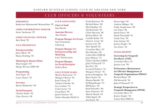 H A R V A R D B U S I N E S S S C H O O L C L U B O F G R E A T E R N E W Y O R K
4 9 t h a n n u a l l e a d e r s h i p d i n n e r 59
2016 DINNER CHAIRCLUB OFFICERS  VOLUNTEERS
PRESIDENT
Katherine Bahamonde Monasebian ’07
CHIEF INFORMATION OFFICER
Irene Tserkovny ’07
CHIEF FINANCIAL OFFICER
Ken Shoji ’92
VICE PRESIDENTS
Entrepreneurship
Jason Klein ’86
Diana Dowling ’93
Marketing  Alumni Affairs
Meg Langan ’92
Marge Wyrwas AMP-180
Programming
Sean Egan ’81
Lance Stuart ’78
Secretary
Barrie Moskowitz ’92
Social Enterprise
Charles Toder ’62
Clare Peeters ’00
CLUB ASSOCIATES
Chief of Staff
Sara Weeks
Associate Director
Alan Hurite
Program Manager for Events
Som Chivukula
Chloris Ji
Program Manager for
Entrepreneurship and
Marketing
Lane Zimmerman
Program Manager
for Social Enterprise
Sydney Rose
VOLUNTEER LEADS
Maxine Botesazan ’13
Margaret Brown ’84
Joan Cheng ’02
Andrew Cheskis ’84
Leo Corbett ’75
Celia Currin ’72
Greg Durst ’98
James Fincher ’03
Stelios Hatzakis PLDA-11
Freda Johnson ’99
Richard Kane ’68
Herb Kaplan ’65
Hal Kennedy ’84
Chloe Kiernan ’08
Bettina Klein ’92
Camille Kubie ‘04
Church	 Lewis ’84
Joanne Lim ’99
Alex Mandl ’02
Cornelius Marx ’67
Kira Mendez ’88
Calvin Mew PMD-48
Joan Mokray ’74
Chitra Nawbatt GMP-6
John O’Donnell ’77
Jim Peet ’80
Leonard Polaner ’54
Margaret Poster ’76
Jessica Postiglione ’09
Barry Puritz ’65
Dianna Raedle ’93
Ed Riegelhaupt ’57
Bill Rosser ’62
Brad Schrader ’80
Stacy Schwartz ’03
Marvin Shaub ’64
Nikki Signh ’08
Ava Seave ’82
Efrem Sigel ’68
Andrew Silbiger ’96
Cathy Stephenson ’90
Avi Telyas ’86	
David Teten ’98
David Theobald ’91
Cindy Tran ’04
Irina Zavina ’03
Jessica Ziegler ’84
Ava Zydor ’84	
SCHOLARSHIPS
Governing for Nonprofit
Excellence (GNE)
Cornelius Marx ’67
Joanne Lim ’99
Performance Measurement
for Effective Management of
Nonprofit Organizations (PMNO)
Richard Kane ’68
Hal Kennedy ’84
John O’Donnell ’77
Strategic Perspectives in
Nonprofit Management (SPNM)
Cornelius Marx ’67
Jessica Ziegler ’84
Calvin Mew PMD-48
 
