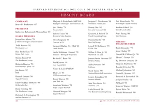 4 9 t h a n n u a l l e a d e r s h i p d i n n e r60
H A R V A R D B U S I N E S S S C H O O L C L U B O F G R E A T E R N E W Y O R K
HBSCNY BOARD
CHAIRMAN
Bruce R. Bockmann ’67
PRESIDENT
Katherine Bahamonde Monasebian ’07
BOARD MEMBERS
Jacqueline Adams ’78
J Adams: Strategic Communications
Todd Benson ’91
Herrington LLC
Dan Biederman ’77
Bryant Park Corp.
Martin Brand ’03
The Blackstone Group
Roberto Buaron ’74
First Atlantic Capital, Ltd.
Jim Burns ’97
KKR
Hemali Dassani ’99
Argand Partners
Elisabeth Hair DeMarse ’80
DeMarseCo, Inc.
Daisy Dowling ’02
The Blackstone Group
Deborah A. Farrington ’76
StarVest Partners LP
Marjorie S. Federbush AMP-160
Strategies  Synergies International, Ltd.
Joel Glasky ’73
Financo LLC
Valerie Grant ’94
Bernstein Value Equities
Divya Gugnani ’04
Concept to Co
Leonard Harlan ’61, DBA ’65
Castle Harlan	
Leslie Wohlman Himmel ’78
Himmel + Meringoff Properties
Richard C. Kane ’68
Atul Khanna ’91
Line Capital LLC
Nancy L. Lane PMD-29
Thai Lee ’85
SHI International Corp.
Bruce Marcus ’80
Vine Talk, Inc.
Jonathan Mariner ’78
Major League Baseball
Howard Morgan ’88
Argand Partners
Jacques C. Nordeman ’64
Nordeman Grimm, Inc.
Devon Pike ’01
Givenchy Couture USA
Kenneth A. Powell ’74
Powell Consulting Corp.
Dianna Raedle ’93
Deer Isle Group
Lowell W. Robinson ’73
EVINE Live
Wilbur L. Ross Jr. ’61
WL Ross  Co. LLC
Joanna Stone Herman ’97
DeSilva+Phillips
Aleksi Suvanto ’99
Edelman
Mark Tatum ’98
National Basketball Association
Graves Tompkins ’08
General Atlantic
Amy Vecchione ’84
Aventina, LLC
Laila Worrell ’98
The Boston Consulting Group
Eric Zinterhofer ’98
Searchlight Capital Partners
Soofian Zuberi ’99
Merrill Lynch  Co
Ariel Zwang ’90
Safe Horizons
EMERITI
BOARD MEMBERS
Burt Alimansky ’77
John Chalsty ’57
Donald K. Clifford, Jr. ’56
Elena C. Crespo ’93
T.J. Dermot Dunphy ’56
Marjorie Fischbein ’80
Ronald J. Gerber ’86
Michael Johnston ’62
Daniel L. Kramer ’87
Bernard A. Leventhal ’56
Joseph Perella ’72
Al Sharif ’76
Jeanette Wagner AMP-90
Byron Wein ’56
Ronald Weintraub ’60
 