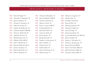 4 9 t h a n n u a l l e a d e r s h i p d i n n e r6
H A R V A R D B U S I N E S S S C H O O L C L U B O F G R E A T E R N E W Y O R K
PREVIOUS DINNER CHAIRS
1968 	 Harry W. Knight ’33
1969 	 Alexander T. Daignault ’39
1970 	 James E. Robison ’40
1971 	 Thomas S. Thompson ’48
1972 	 Albert H. Gordon ’25
1973 	 Stephen M. DuBrul, Jr. ’56
1974 	 F. Warren Hellman PMD-08
1975 	 Alonzo L. McDonald ’56
1976 	 Andrall E. Pearson ’47
1977 	 Richard H. Jenrette ’57
1978 	 William F. May AMP-16
1979 	 John C. Whitehead ’47
1980 	 James D. Robinson III ’61
1981 	 James L. Ferguson ’51
1982	 John D. Macomber ’52
1983 	 John L. Weinberg ’50
1984	 Thornton F. Bradshaw ’42
1985 	 John K. McKinley AMP-42
1986 	 Thomas S. Johnson ’64
1987 	 Marvin S. Traub ’49
1988 	 Peter G. Scotese AMP-37
1989 	 D. Ronald Daniel ’54
1990 	 Richard B. Fisher ’62
1991 	 Garnett L. Keith ’62
1992	 Joel E. Smilow ’58
1993 	 Joseph R. Perella ’72
1994 	 Stephen A. Schwarzman ’72
1995 	 John S. Chalsty ’57
1996 	 Charles R. Lee ’64
1997 	 Reuben Mark ’63
1998 	 Henry M. Paulson, Jr. ’70
1999 	 Rajat K. Gupta ’73
2000 	 Michael A. Carpenter ’73
2001 	 Charles Ames ’54
2002 	 Sir Martin Sorrell ’68
2003 	 Byron R. Wien ’56
2004 	 Michael J. Johnston ’62
2005 	 Edmund A. Hajim ’64
2006 	 Anne M. Fudge ’77
2007 	 Bennett Goodman ’84
2008 	 Leonard M. Harlan ’61, DBA ’65
2009 	 John A. Paulson ’80
2010 	 Jacques C. Nordeman ’64
2011 	 Thomas L. Kempner, Jr. ’78
2012 	 Paul J. Fribourg AMP-96
2013 	 Barry S. Sternlicht, MBA ’86
2014 	 Jeffrey R. Immelt, MBA ’82
2015 	 Alexander Navab, MBA ’91
 