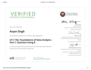 3/21/2016 UTAustinX UT.7.10x Certificate | edX
https://courses.edx.org/certificates/dd4c6ebfdd95487f9064517249eba75d 1/1
V E R I F I E DCERTIFICATE of ACHIEVEMENT
This is to certify that
Aryan Singh
successfully completed and received a passing grade in
UT.7.10x: Foundations of Data Analysis -
Part 1: Statistics Using R
a course of study oﬀered by UTAustinX, an online learning initiative of
University of Texas System through edX.
Steven Mintz
Executive Director
Institute for Transformational Learning
University of Texas System
Phillip D. Long
Associate Vice Provost for Learning Sciences
Clinical Professor, Educational Psychology & the
iSchool
The University of Texas at Austin
Michael J. Mahometa, Ph.D.
Statistical Consultant and Manager, Consulting
Services
Department of Statistics and Data Sciences
College of Natural Sciences
The University of Texas at Austin
VERIFIED CERTIFICATE
Issued March 18, 2016
VALID CERTIFICATE ID
dd4c6ebfdd95487f9064517249eba75d
 