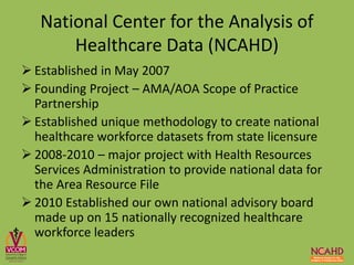  Established in May 2007
 Founding Project – AMA/AOA Scope of Practice
Partnership
 Established unique methodology to create national
healthcare workforce datasets from state licensure
 2008-2010 – major project with Health Resources
Services Administration to provide national data for
the Area Resource File
 2010 Established our own national advisory board
made up on 15 nationally recognized healthcare
workforce leaders
National Center for the Analysis of
Healthcare Data (NCAHD)
 