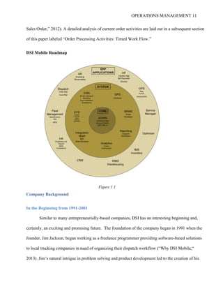 OPERATIONS MANAGEMENT 11
Sales Order,” 2012). A detailed analysis of current order activities are laid out in a subsequent section
of this paper labeled “Order Processing Activities: Timed Work Flow.”
DSI Mobile Roadmap
Company Background
In the Beginning from 1991-2001
Similar to many entrepreneurially-based companies, DSI has an interesting beginning and,
certainly, an exciting and promising future. The foundation of the company began in 1991 when the
founder, Jim Jackson, began working as a freelance programmer providing software-based solutions
to local trucking companies in need of organizing their dispatch workflow (“Why DSI Mobile,“
2013). Jim’s natural intrigue in problem solving and product development led to the creation of his
Figure 1.1
 