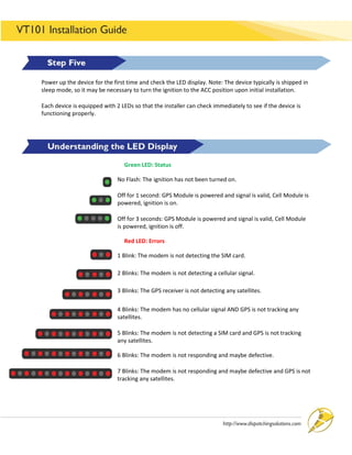 OPERATIONS MANAGEMENT 122
Power up the device for the first time and check the LED display. Note: The device typically is shipped in
sleep mode, so it may be necessary to turn the ignition to the ACC position upon initial installation.
Each device is equipped with 2 LEDs so that the installer can check immediately to see if the device is
functioning properly.
Green LED: Status
No Flash: The ignition has not been turned on.
Off for 1 second: GPS Module is powered and signal is valid, Cell Module is
powered, ignition is on.
Off for 3 seconds: GPS Module is powered and signal is valid, Cell Module
is powered, ignition is off.
Red LED: Errors
1 Blink: The modem is not detecting the SIM card.
2 Blinks: The modem is not detecting a cellular signal.
3 Blinks: The GPS receiver is not detecting any satellites.
4 Blinks: The modem has no cellular signal AND GPS is not tracking any
satellites.
5 Blinks: The modem is not detecting a SIM card and GPS is not tracking
any satellites.
6 Blinks: The modem is not responding and maybe defective.
7 Blinks: The modem is not responding and maybe defective and GPS is not
tracking any satellites.
 