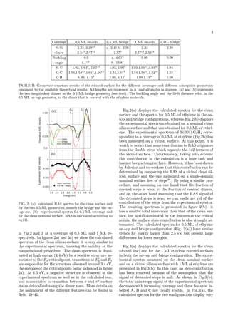 4
Coverage 0.5 ML on-top 0.5 ML bridge 1 ML on-top 1 ML bridge
Si-Si 2.33, 2.2931
a. 2.41 b. 2.36 2.33 2.39
dimer 2.349
,2.3712
2.379
2.3712
,2.3334
Buckling 0.0 a. 4.01◦
0.00 0.00
angle 1.1◦31
b. 13.8◦
Si-C 1.92, 1.949
, 1.9512
1.93, 1.959
1.93,1.9612
,1.9334
1.94
C-C 1.54,1.5331
,1.619
,1.5612
1.55,1.619
1.54,1.5612
,1.5234
1.55
C-H 1.09, 1.119
1.09, 1.119
1.09,1.1334
1.09
TABLE II: Geometric structure results of the relaxed surface for the diﬀerent coverages and diﬀerent adsorption geometries
compared to the available theoretical results. All lengths are expressed in ˚A and all angles in degrees. (a) and (b) represents
the two inequivalent dimers in the 0.5 ML bridge geometry (see text). The buckling angle and the Si-Si distance refer, in the
0.5 ML on-top geometry, to the dimer that is covered with the ethylene molecule.
-0.01
-0.005
0
0.005
-0.003
-0.002
-0.001
0
5.04.54.03.53.02.52.01.5
ExperimentalRASintensityTheoreticalRASintensity
Energy (eV)
(a)
(b)
E2
E1
E'0
Clean
bridge
dimerized
clean nominal
0.5 ML - steps
FIG. 2: (a): calculated RAS spectra for the clean surface and
for the two 0.5 ML geometries, namely the bridge and the on-
top one. (b): experimental spectra for 0.5 ML coverage and
for the clean nominal surface. RAS is calculated according to
eq.(1).
in Fig.2 and 3 at a coverage of 0.5 ML and 1 ML re-
spectively. In ﬁgures 2a) and 3a) we show the calculated
spectrum of the clean silicon surface: it is very similar to
the experimental spectrum, insuring the validity of the
computational procedure. The clean spectrum is domi-
nated at high energy (4.4 eV) by a positive structure as-
sociated to the E2 critical point, transitions at E0 and E1
are responsible for the structure observed around 3.4 eV,
the energies of the critical points being indicated in ﬁgure
2a). At 1.5 eV, a negative structure is observed in the
experimental spectrum as well as in the calculated one,
and is associated to transition between π and π surface
states delocalized along the dimer rows. More details on
the assignment of the diﬀerent features can be found in
Refs. 39—41.
Fig.2(a) displays the calculated spectra for the clean
surface and the spectra for 0.5 ML of ethylene in the on-
top and bridge conﬁgurations, whereas Fig.2(b) displays
the experimental spectrum obtained on a nominal clean
silicon surface and that one obtained for 0.5 ML of ethyl-
ene. The experimental spectrum of Si(001):C2H4 corre-
sponding to a coverage of 0.5 ML of ethylene (Fig.2b) has
been measured on a vicinal surface. At this point, it is
worth to notice that some contribution to RAS originates
from the double steps which separate the 1x2 terraces of
the vicinal surface. Unfortunately, taking into account
this contribution in the calculation is a huge task and
has not been attempted here. However, it has been shown
by Jaloviar and co-workers that this contribution can be
determined by comparing the RAS of a vicinal clean sil-
icon surface and the one measured on a single-domain
nominal surface free of steps38
. By using a similar pro-
cedure, and assuming on one hand that the fraction of
covered steps is equal to the fraction of covered dimers,
and on the other hand assuming that the RAS signal of
the decorated steps is zero, we can easily get rid of the
contribution of the steps from the experimental spectra.
The resulting spectrum is presented in ﬁgure 2(b): it
has a smaller total anisotropy than that of the clean sur-
face, but is still dominated by the features at the critical
points; the surface state contribution is also strongly at-
tenuated. The calculated spectra for 0.5 ML of ethylene
on-top and bridge conﬁguration (Fig. 2(a)) have similar
trends for energy larger than 2.5 eV but present large
diﬀerences for lower energies.
Fig.3(a) displays the calculated spectra for the clean
(dotted line) and for the 1 ML ethylene covered surfaces
in both the on-top and bridge conﬁguration. The exper-
imental spectra measured on the clean nominal surface
and on a vicinal silicon surface with 1 ML of ethylene are
presented in Fig.3(b). In this case, no step contribution
has been removed because of the assumption that the
signal of decorated steps is null. As shown in Fig.3(b),
the total anisotropy signal of the experimental spectrum
decreases with increasing coverage and three features, la-
belled A, B and C are clearly visible. In Fig.3(a), the
calculated spectra for the two conﬁgurations display very
 