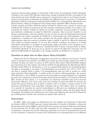 TABLE DES MATI`ERES vii
vicinal par spectroscopies optiques et microscopie `a eﬀet tunnel. J’ai notamment ´etudi´e l’adsorption
d’´ethyl`ene et des calculs DFT eﬀectu´es `a Rome dans l’´equipe de Rodolfo Del Sole, ont donn´es de tr`es
bons r´esultats qui seront d´etaill´es dans ce manuscrit et qui permettent dans ce cas d’obtenir des infor-
mations sur la g´eom´etrie d’adsorption de l’´ethyl`ene pour diﬀ´erents taux de couverture. J’ai ´egalement
particip´e `a l’´etude de l’adsorption de ph´enylac´etyl`ene/Si(001)-(2×1) principalement eﬀectu´ee par avec
Olivier Pluchery, Maˆıtre de Conf´erences dans l’´equipe depuis septembre 2002 et Romain Coustel.
L’´etude conjointe par STM et RAS des surfaces vicinales de silicium nous a permis de montrer que
la RAS permet d’estimer la proportion des deux domaines orthogonaux pr´esents sur la surface. L’in-
conv´enient des surfaces vicinales de silicium est qu’elles comportent un grand nombre de marches
qui contribuent notablement au signal de r´eﬂectivit´e anisotrope. Aﬁn de pouvoir travailler sur des
surfaces monodomaines, mais sans marches, j’ai mis au point un protocole exp´erimental permettant
la pr´eparation de surfaces nominales de Si(100)-(2×1) monodomaine par ´electromigration `a haute
temp´erature. L’obtention de cette surface n´ecessite une tr`es grande vigilance quant aux conditions
exp´erimentales, ainsi nous sommes la troisi`eme ´equipe `a publier le spectre de r´eﬂectivit´e anisotrope
d’une surface de silicium nominale. Je me suis alors attach´ee `a pr´eparer ces surfaces et `a ´etudier
l’adsorption d’hydrog`ene et d’oxyg`ene en spectroscopie optique de surface. Nous travaillons en col-
laboration avec des ´equipes de th´eoriciens ( Rodolfo Del Sole de Rome, Giovanni Onida de Milan,
et Friedhelm Bechstedt de Jena) qui ont pu calculer les spectres de r´eﬂectivit´e anisotrope et/ou de
r´eﬂectivit´e diﬀ´erentielle de l’hydrog`ene et de l’oxyg`ene adsorb´es sur Si(100)-(2×1) (articles 1, 2).
Transition de phase dans les ﬁlms minces MnAs/GaAs(001)
Depuis notre arriv´ee `a Boucicaut, j’ai ´egalement eu l’occasion de collaborer avec le projet “Couches
minces et nanostructures hybrides” de l’INSP pour ´etudier par spectroscopies optiques de surface la
transition de phase qui existe au environ de 50◦C dans les ﬁlms minces MnAs/GaAs(001) pr´epar´es
par ´evaporation sous vide `a Jussieu. Les mesures de RAS ont principalement ´et´e eﬀectu´ees par Olivier
Pluchery, Frank Vidal et Y. Borensztein, ex situ. Le compos´e MnAs ´epitaxi´e sur GaAs(100) pr´esente
une phase α hexagonale et une phase β orthorhombiques qui co-existent entre 10◦C et 45◦C. Alors
que dans le compos´e MnAs la phase β est paramagn´etique alors que dans le syst`eme en couche
mince ´epitaxi´ees MnAs/GaAs(001), il semble qu’elle soit plutˆot antiferromagn´etique. Des mesures
STM eﬀectu´ees in situ `a l’INSP ont montr´e que les deux phases du compos´e ´epitaxi´e ne se m´elangent
pas mais s’auto organisent en formant des bandes alternativement de phase α et β le long de la direction
[001]. Comme les deux phases α et β pr´esentent une anisotropie cristalline ainsi qu’une structure
´electronique diﬀ´erente, nous avons voulu suivre leur transition de phase par RAS. Les mesures ont
montr´e des spectres distincts pour la phase β obtenue `a 50◦ et la phase α obtenue autour de 5◦C
provenant essentiellement d’une anisotropie volumique dans les deux phases. Dans ces conditions,
il est possible de reproduire les spectres interm´ediaires en eﬀectuant une combinaison lin´eaire des
spectres correspondants aux deux phases et d’en d´eduire l’abondance relative des deux phases durant
la transition. Les r´esultats sont coh´erents avec ceux obtenus par diﬀraction des rayons X et d´emontrent
que la RAS permet d’´etudier cette transition de mani`ere ais´ee (article 3).
Nanocatalyse
En 2002 - 2003, notre ´equipe en collaboration avec des chimistes du Laboratoire de R´eactivit´e
des Surfaces (LRS) de l’UPMC ainsi que d’autres laboratoires `a Grenoble et Marseille, a obtenu des
ﬁnancements universitaire (BQR) et national (ACI) sur un projet concernant l’´etude de la nanocatalyse
sur des particules d’or. En eﬀet, alors que l’eﬀet catalytique de l’or volumique est pratiquement nul
`a temp´erature, il pr´esente une activit´e catalytique importante sous forme de nanoparticules d’environ
2-5 nm de diam`etre. L’objectif de ce projet ´etait l’´elaboration de ces nanoparticules d’or sur diﬀ´erents
 