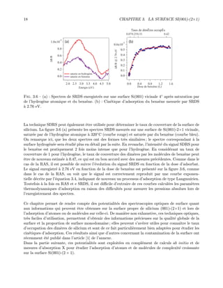 18 CHAPITRE 3. LA SURFACE SI(001)-(2×1)
1.0x10
-2
0.8
0.6
0.4
0.2
0.0
∆R/R
5.04.54.03.53.02.52.0
Energie (eV)
 saturée en hydrogène
 saturée en benzène
0.6x10
-2
0.5
0.4
0.3
0.2
0.1
0.0
∆R/R @2.76 eV
1.61.20.80.40.0
Dose de benzène (L)
0.07 0.330.25 0.42
Taux de dimËres occupÈs
(a) (b)
Fig. 3.6 — (a) : Spectres de SRDS enregistr´es sur une surface Si(001) vicinale 4◦ apr`es saturation par
de l’hydrog`ene atomique et du benz`ene. (b) : Cin´etique d’adsorption du benz`ene mesur´ee par SRDS
`a 2.76 eV.
La technique SDRS peut ´egalement ˆetre utilis´ee pour d´eterminer le taux de couverture de la surface de
silicium. La ﬁgure 3.6 (a) pr´esente les spectres SRDS mesur´es sur une surface de Si(001)-2×1 vicinale,
satur´ee par de l’hydrog`ene atomique `a 320◦C (courbe rouge) et satur´ee par du benz`ene (courbe bleu).
On remarque ici, que les deux spectres ont des formes tr`es similaires ; le spectre correspondant `a la
surface hydrog´en´ee sera ´etudi´e plus en d´etail par la suite. En revanche, l’intensit´e du signal SDRS pour
le benz`ene est pratiquement 2 fois moins intense que pour l’hydrog`ene. En consid´erant un taux de
couverture de 1 pour l’hydrog`ene, le taux de couverture des dim`eres par les mol´ecules de benz`ene peut
ˆetre de nouveau estim´ee `a 0.47, ce qui est en bon accord avec des mesures pr´ec´edentes. Comme dans le
cas de la RAS, il est possible de suivre l’´evolution du signal SRDS en fonction de la dose d’adsorbat.
Le signal enregistr´e `a 2.76 eV en fonction de la dose de benz`ene est pr´esent´e sur la ﬁgure 3.6, comme
dans le cas de la RAS, on voit que le signal est correctement reproduit par une courbe exponen-
tielle d´ecrite par l’´equation 3.4, indiquant de nouveau un processus d’adsorption de type Langmuirien.
Toutefois `a la fois en RAS et e SRDS, il est diﬃcile d’extraire de ces courbes calcul´ees les param`etres
thermodynamiques d’adsorption en raison des diﬃcult´es pour mesurer les pressions absolues lors de
l’enregistrement des spectres.
Ce chapitre permet de rendre compte des potentialit´es des spectroscopies optiques de surface quant
aux informations qui peuvent ˆetre obtenues sur la surface propre de silicium (001)-(2×1) et lors de
l’adsorption d’atomes ou de mol´ecules sur celle-ci. De mani`ere non exhaustive, ces techniques optiques,
tr`es faciles d’utilisation, permettent d’obtenir des informations pr´ecieuses sur la qualit´e globale de la
surface et la proportion de surface monodomaine ; elles peuvent s’av´erer utiles pour connaˆıtre le taux
d’occupation des dim`eres de silicium et sont de ce fait particuli`erement bien adapt´ees pour ´etudier les
cin´etiques d’adsorption. Ces r´esultats ainsi que d’autres concernant la contamination de la surface ont
r´ecemment ´et´e publi´e dans l’article [1] de l’annexe.
Dans la partie suivante, ces potentialit´es sont exploit´ees en compl´ement de calculs ab initio et de
mesures d’absorption X pour ´etudier l’adsorption d’atomes et de mol´ecules de complexit´e croissante
sur la surface Si(001)-(2 × 1).
 